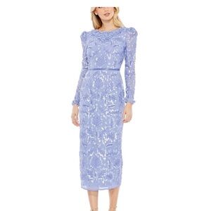 Mac Duggal Periwinkle Floral Ruffle Neck Long Sleeve Sequin Midi Dress Size 6